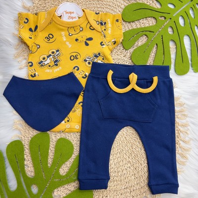  Conj. Body M/C,Calça e Babador Bandana Cool Car com Bichinhos - Marinho e Mostarda